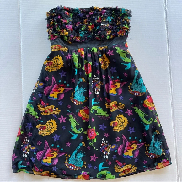Betsey Johnson Dresses & Skirts - Vintage Betsey Johnson Mark Mahoney Dress Women Tattoo Mini Silk Strapless